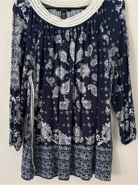 Style & Co. Navy Blue and White Paisley Crochet-Neck Tunic